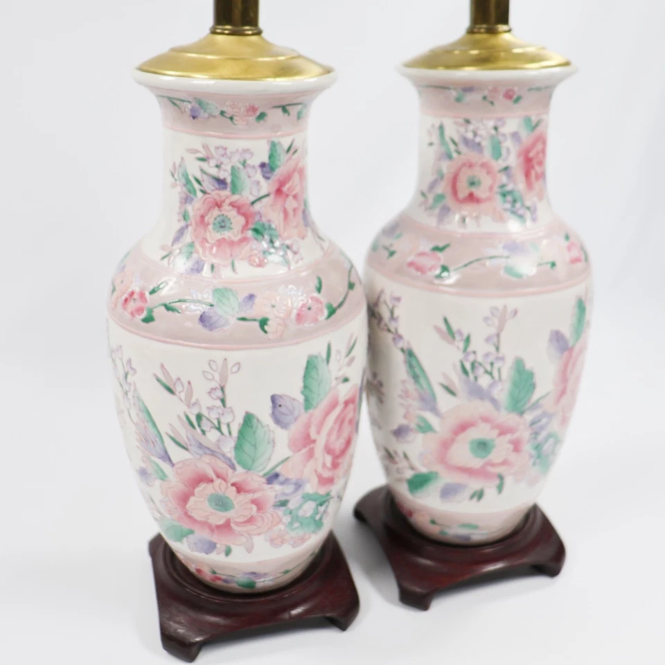 Vtg Chinoiserie Table Lamps PAIR Floral Asian Ginger Jar Porcelain Pastels Pink - Image 3 of 4