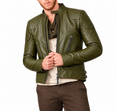 Men's Green Leather Jacket Real Genuine Motorcycle Leather Biker Jackets