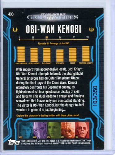 2013 Topps Star Wars Galactic Files 2 Obi-Wan Kenobi lámina azul paralelo #163/350 - Imagen 2 de 2