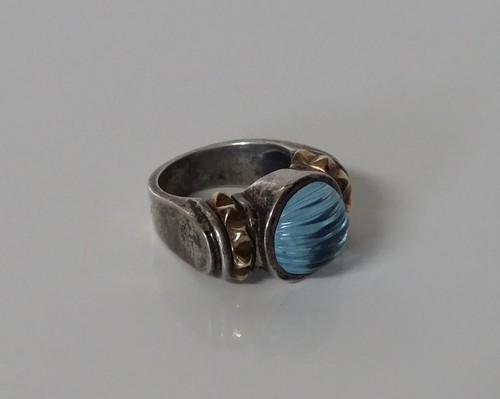 Lagos Sterling Silver & 18k Gold Carved Blue Topaz Caviar Ring Size 6.5 - Picture 8 of 11