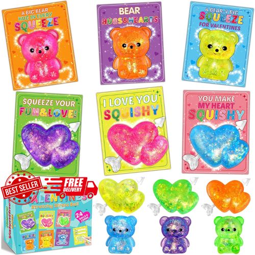 24 Pack Valentines Day Cards for Kids with Stretchy Balls Toys, Valentines Day C