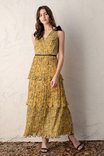 Lulus Sz M Such Sophistication Yellow Floral Print Pleated Maxi Dress New 