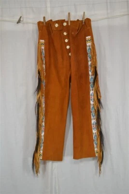 antique leather pants leggings bead fringe Native American waist 36 original - Photo 1/4