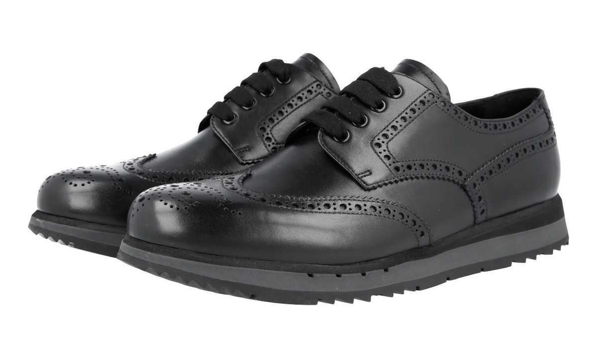 PRADA DRESS SNEAKERS SHOES BROGUE BLACK LEATHER LIGHT SOLE US EU 39,5 40