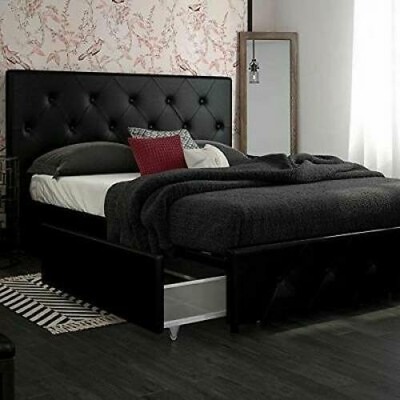 Full Size Bed Frame With Storage 4 Drawers Tufted Headboard Black Faux Leather Full Size Bed Frame With Storage 4 Drawers Tufted Headboard Black Faux Leather