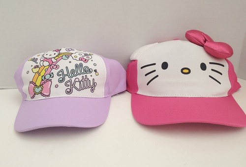 2 x Hello Kitty Baseball Cap Hat with Pink Ribbon & Rainbow Lilac by Sanrio NWT