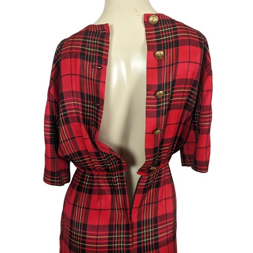 Geoffrey Craig petites red black plaid gold button short sleeve Sheath dress 4 - Picture 11 of 12