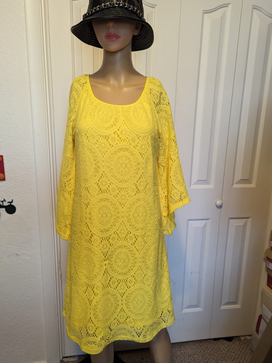 TACERA ~ YELLOW 3/4 Sleeve Lace Lined Dress Size Small .