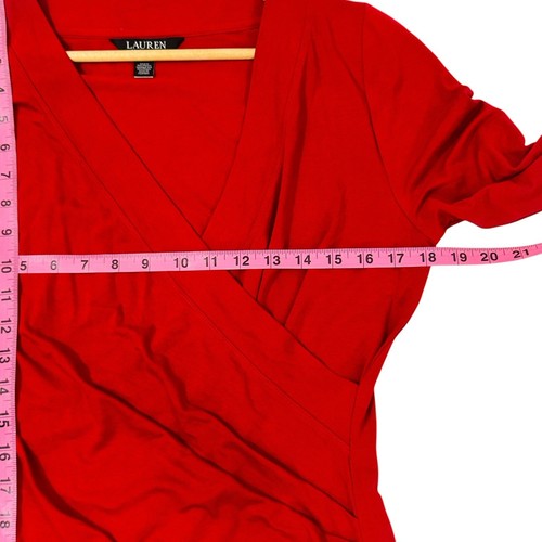 Lauren Ralph Lauren Top Womens L Red V Neck Faux Wrap Peplum Stretch Casual - Picture 5 of 11