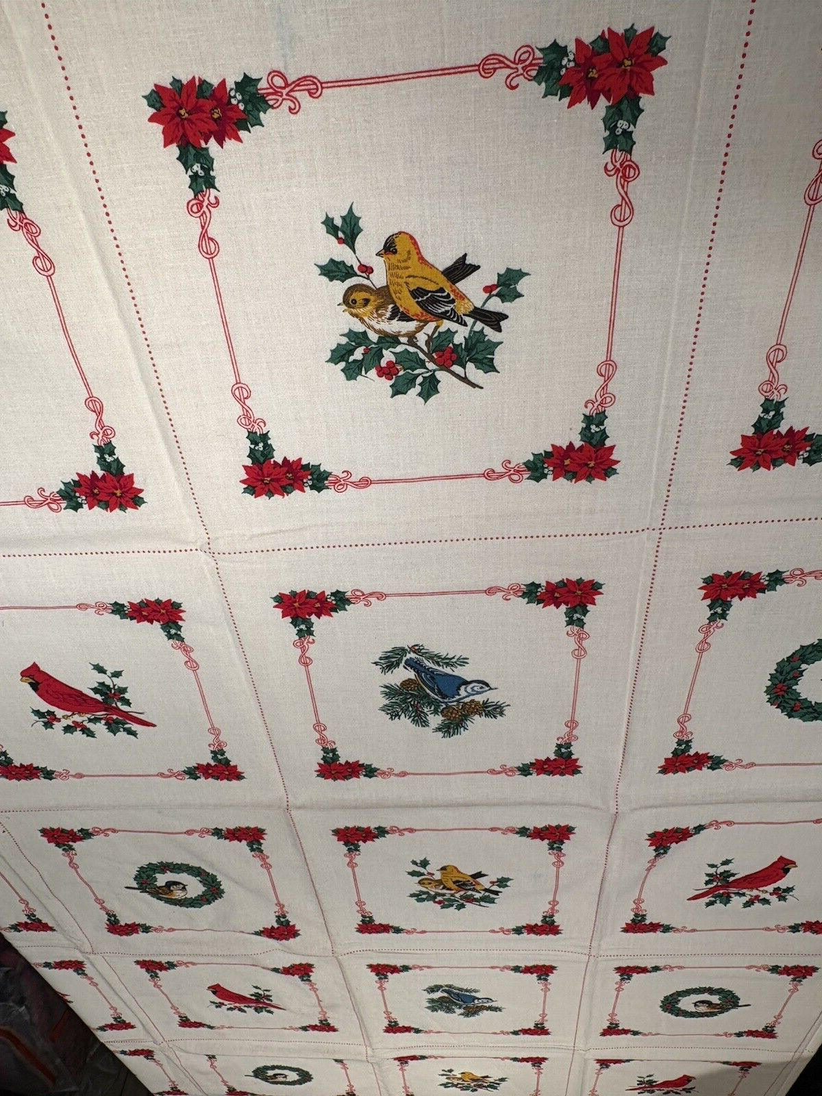 VTG Cotton Quilt Fabric Birds of Christmas Picture Book 30 Patches 52x42.5 Inches