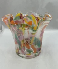 Zorza Vibrant Confetti Speckled Crimped Hand Blown Art Glass Vase 5” Poland