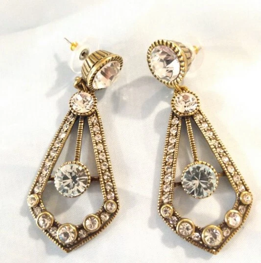 Rare Heidi Daus Clear Diamond Swarovski Crystal Art Deco Hollywood Glam Earrings - Image 2 of 4