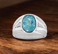 Blue Topaz Oval Cut Gemstone With 925 Sterling Silver Ring For Men's #A282 *