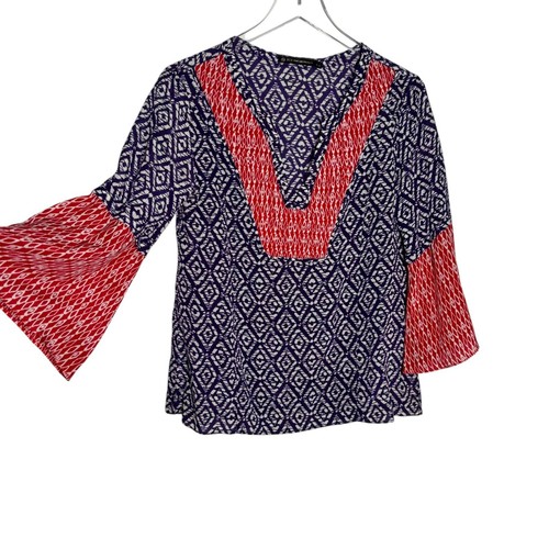 ViX Paula Hermanny Tunic Top size small Red Purple silk v-neck 3/4 bell sleeve