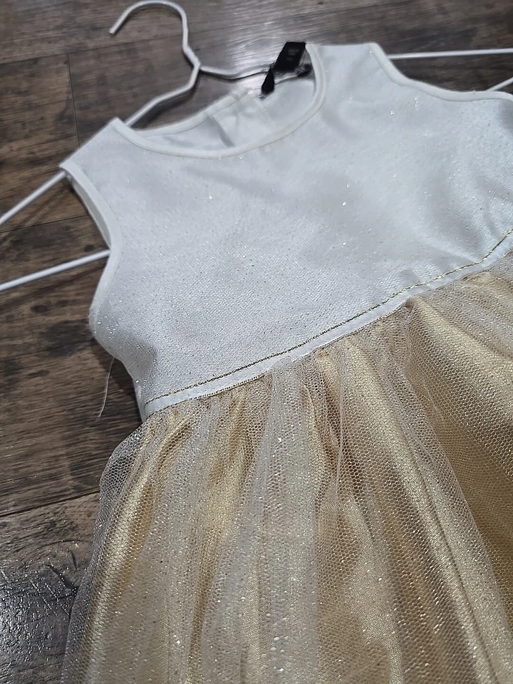 Vestido de vacaciones George Girls talla 4 marfil dorado sin mangas de tul espárrago Foto 2 de 4