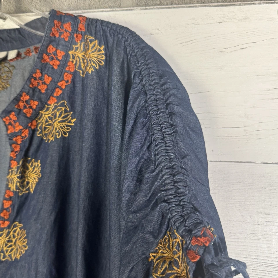 Maxi Vestido Eshakti Azul Cambray Denim Bordado Manga Cordón Talla 3X ~26W Foto 4 de 4