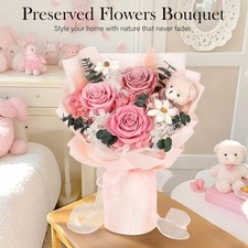 Preserved Flower Bouquet with Bear, 3 Forever Roses, Pink Gift for Her