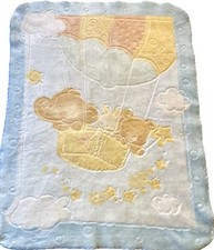 VTG Baby Mink Blanket Hot Air Balloon Bear Bunny Elephant Stars Embossed RARE 