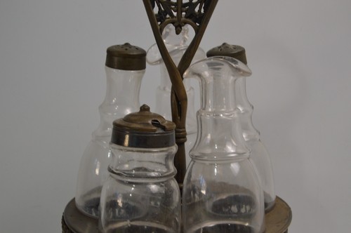 Antique Silver-Plated Metal Caddy & Glass Cruet Set Parts Repair Condiment - Picture 8 of 24