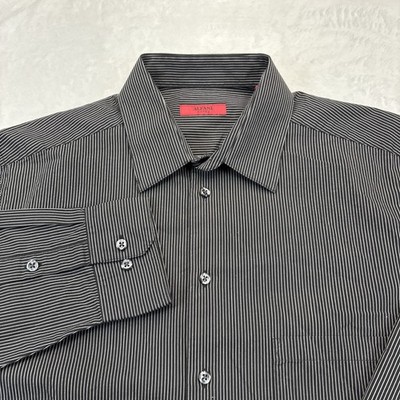 Alfani Fitted Mens Dress Shirt M 15.5 32-33 Black Pinstripe 100% Cotton Y2K