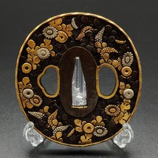 Japanese Tsuba Flower Design Copper Ground Finely Carved Gold Silver Plate XG349