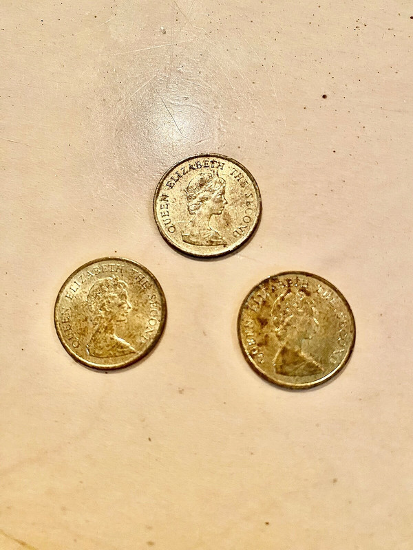 3 “1982” Hong Kong 10 cent coins & 1 "1980" Hong Kong Elizabeth 2nd 20 cent coin