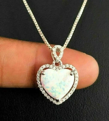 2 kt Herzschliff Feueropal & Diamant Herz Anhänger 14K Weißgold Finish - Bild 1 von 4