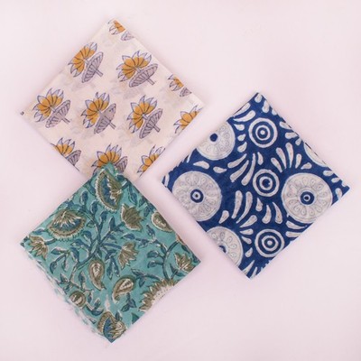 Set Of 3 Vintage Style Cotton Bandana Block Print Square Multi Color Head Wrap