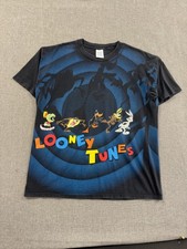 Vintage 90s Looney Tunes T-Shirt All over Print Shadow Wild Oats Mens XL Black