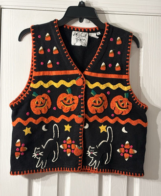 Vintage Michael Simon Halloween Sweater Vest Black Cat Pumpkins Candy M 90s Y2K
