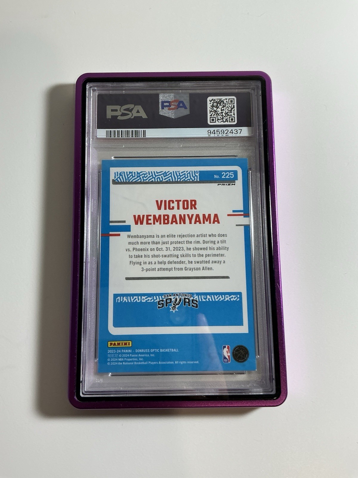 2023-24 Panini Donruss Optic -Rated Rookie Victor Wembanyama Purple shock PSA 9 view 2