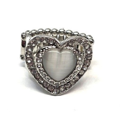 New Heart Ring Silver Tone Cat Eye Moonstone Rhinestone Stretch Band PLus Size