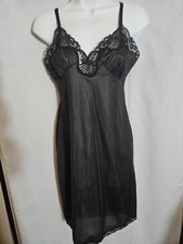 Vintage Black Full Slip 34 Sheer Lace On Bodice Hem V Neck Adjustable Strap