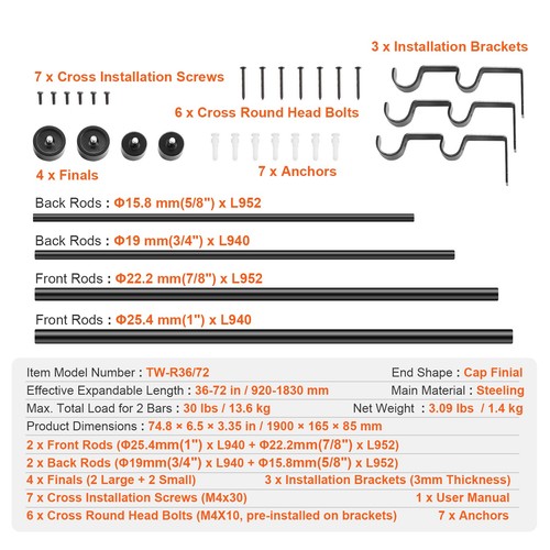 Double Rod Curtain Rods 36-72 inches(3-6ft) Adjustable Length Cap Finials - Picture 7 of 12