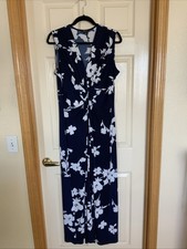 IMAN Navy Floral Print Sleeveless Stretch Trwist Front Maxi Dress Size L