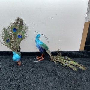 12" Peacocks w/ Tail of Natural Feathers Set Of 2 Vintage Christmas Ornaments