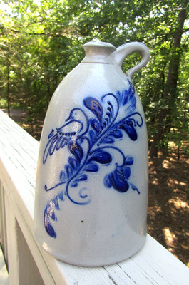 David Eldreth Pottery / TALL Salt Glaze JUG  Cobalt Blue Bird / 10 1/2'' /  1992