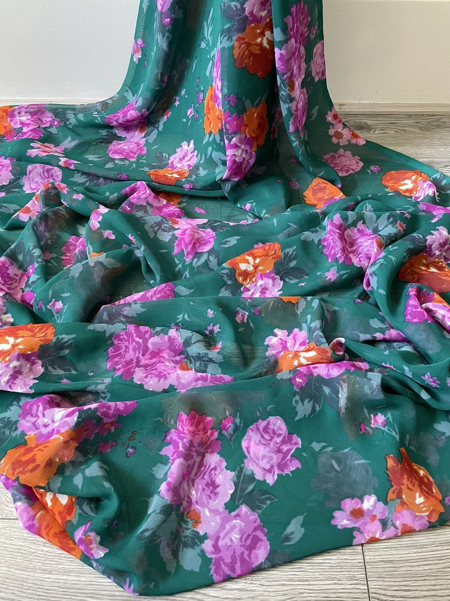 Teal Green Multicoloured Floral Print Chiffon Fabric 58 PRICE