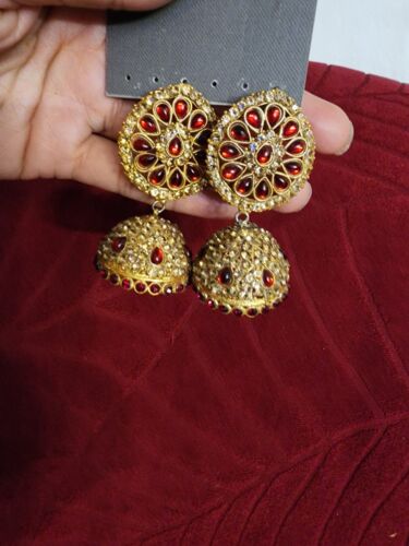 Indian Bollywood Gold Plated Jhumka Earrings With Red and gold Beads