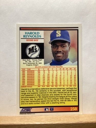 Score 1992 Baseball Card: Harold Reynolds, Seattle Mariners - Card #250 - Foto 2 di 2