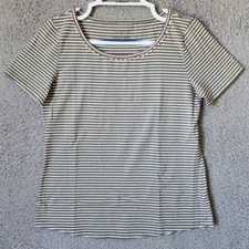 Talbots Short Sleeve Embroidered Round Neck T Shirt Green Striped Pima Cotton S