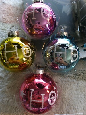 The Christmas Shoppe 4 Handcrafted Glass HO HO pastal Ornaments