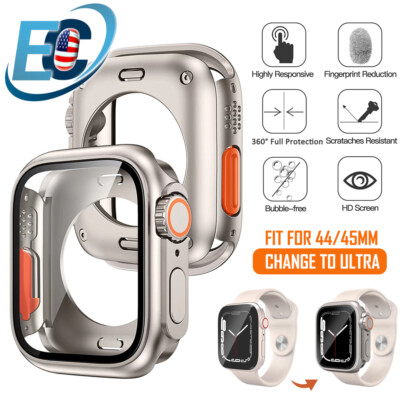 For Apple Watch 44/45mm PC Full Case Tempered Glass Screen Protector Ultra Look