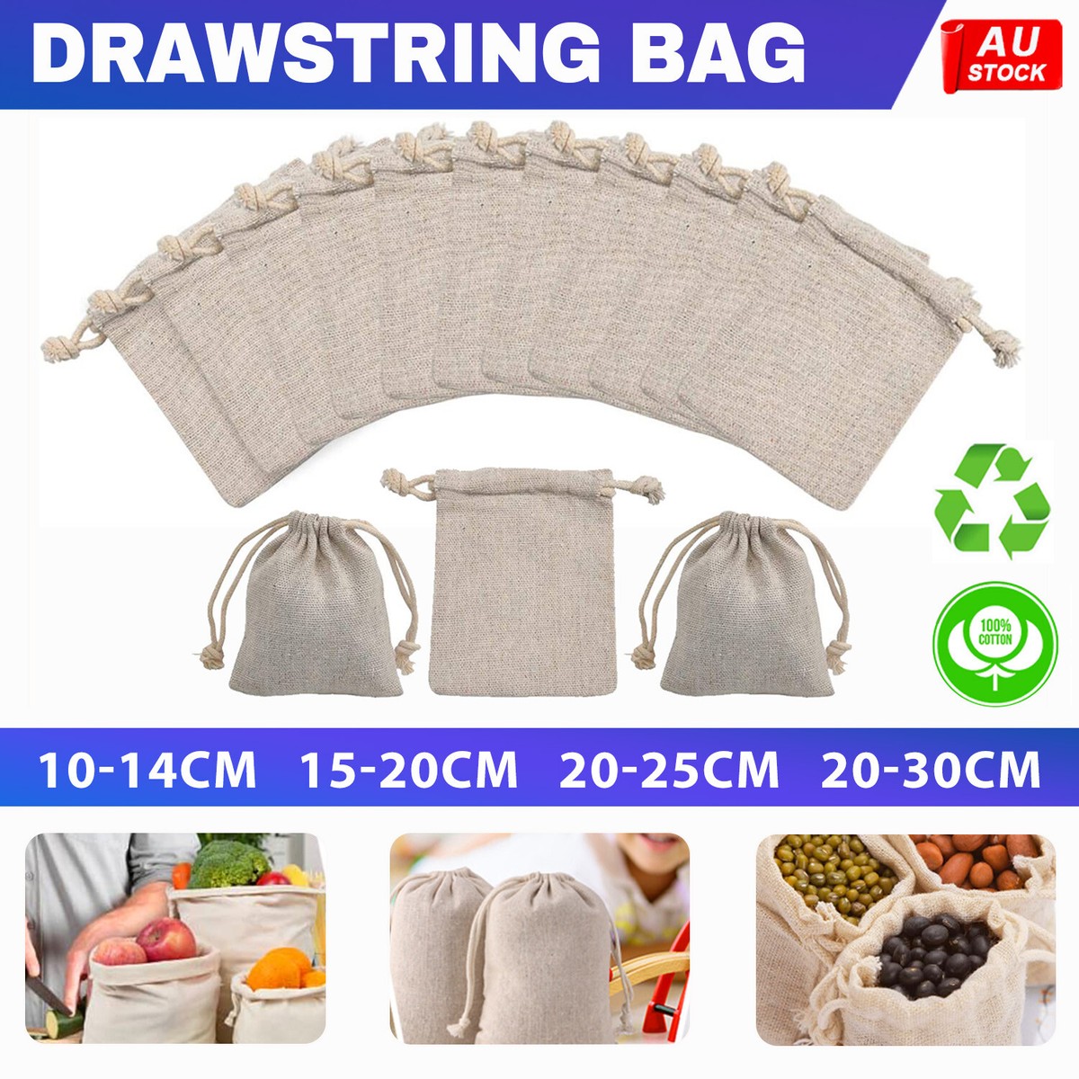 10-100x Drawstring Storage Bag Canvas Bags Bulk Linen Calico