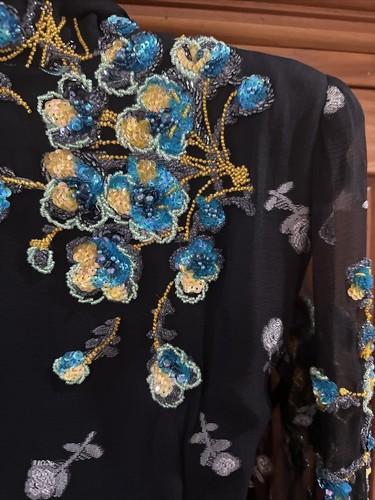 40s Black Rayon Printed & Hand Painted Beaded & Sequined Shirtwaist Dress XS - Picture 18 of 22