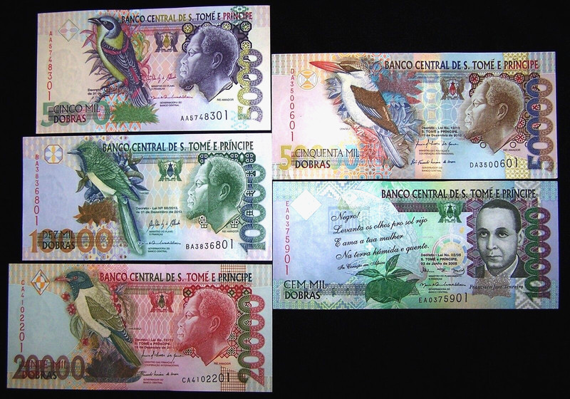 St Thomas & Prince 5,000 to 100,000 Dobras Banknotes, 2005-2013,UNC,Full Set