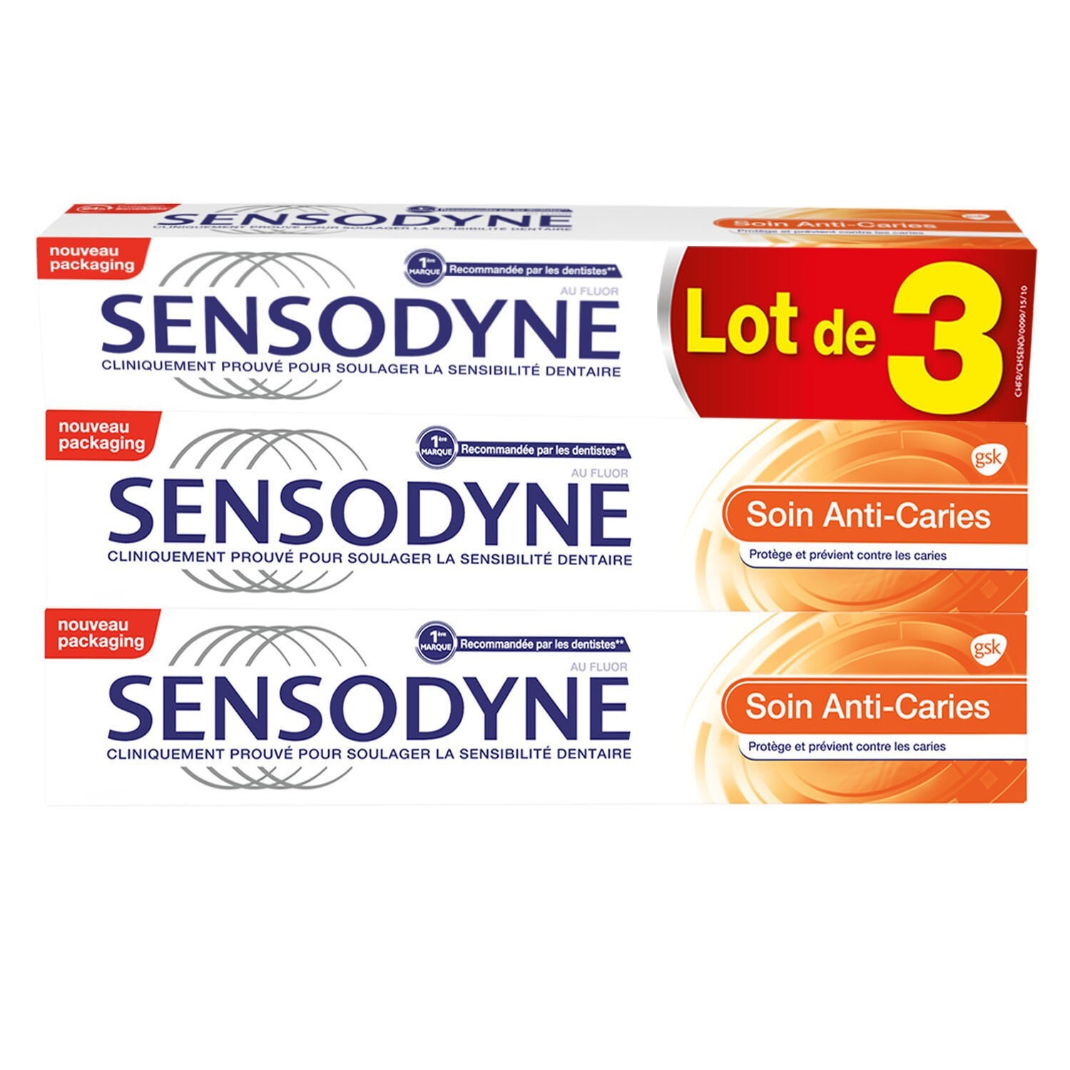 Dentifrice SENSODYNE anti caries lot de 3 x 75ml protection émail et hygiène dentaire