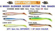 NEW 6 MIXED SAVAGE GEAR SLENDER SCOOP RATTLE TAIL SHADS SEA COARSE FISHING LURE