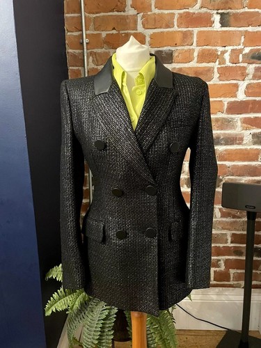 A003 ZARA TRINNY WOODALL BLACK BLAZER TEXTURED METALLIC BUTTONS JACKET COAT - M - Picture 14 of 18