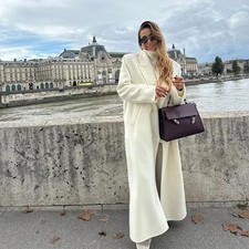 Womens Cream Long Wool Coat Double Breasted Trench Winter Maxi Jacket Elegant UK